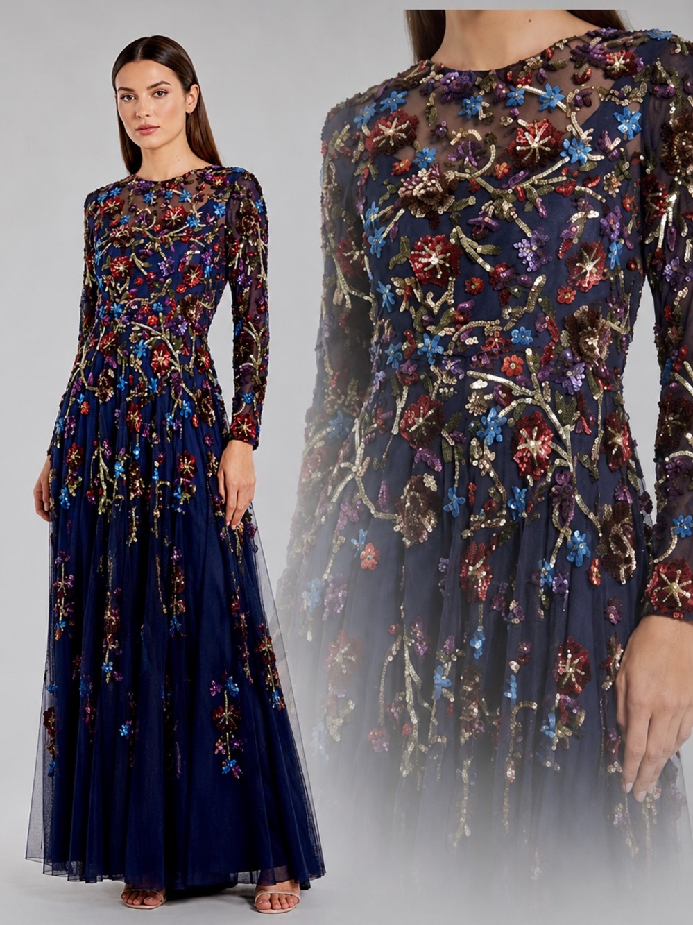 NWT Mac Duggal Beaded Embellished 6198 Long Sleeve High Neck A-Line Gown 4